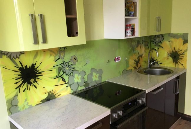 Скинали для кухни фото: рисованные цветы, заказ #КРУТ-1571, Желтая кухня. Изображение 180850