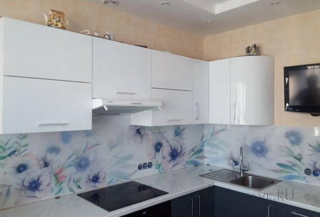 Стеклянная фото панель: рисованные цветы, заказ #ИНУТ-11786, Синяя кухня.