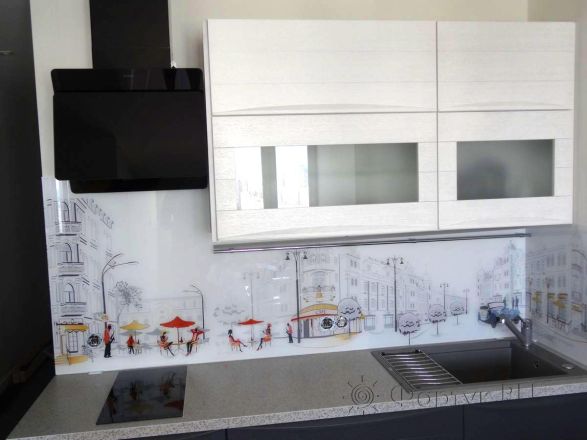 Фартук для кухни фото: рисованные улочки города, заказ #S-420, Белая кухня.