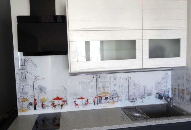 Фартук для кухни фото: рисованные улочки города, заказ #S-420, Белая кухня. Изображение 110830