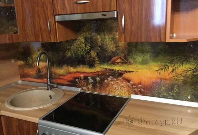 Фартук с фотопечатью фото: рисованный дом на опушке, заказ #КРУТ-1310, Коричневая кухня. Изображение 246156