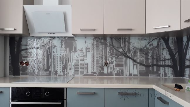 Стеновая панель фото: рисованный город, заказ #ИНУТ-1510, Серая кухня.