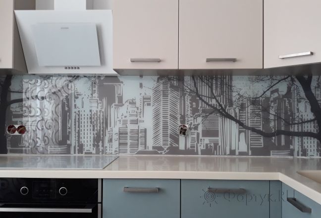 Стеновая панель фото: рисованный город, заказ #ИНУТ-1510, Серая кухня. Изображение 111038