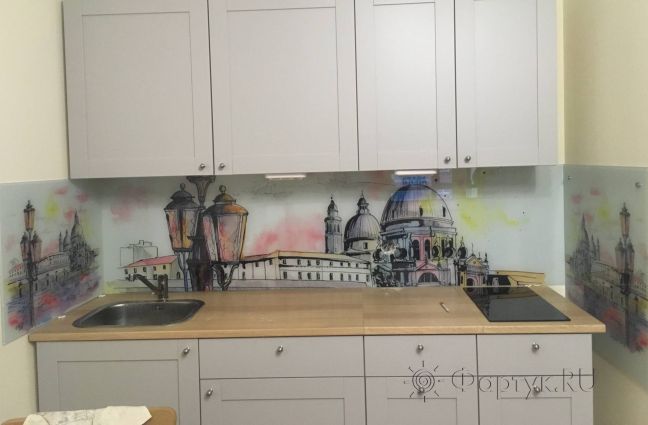 Фартук для кухни фото: рисованный город, заказ #КРУТ-1089, Белая кухня.