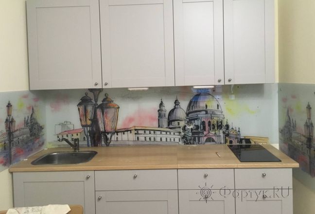 Фартук для кухни фото: рисованный город, заказ #КРУТ-1089, Белая кухня. Изображение 110884