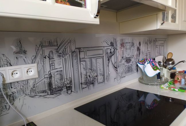 Фартук для кухни фото: рисованный город, заказ #ИНУТ-5341, Белая кухня.