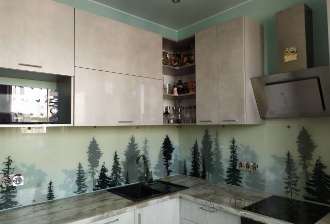 Стеновая панель фото: рисованный лес, заказ #ИНУТ-6172, Серая кухня.