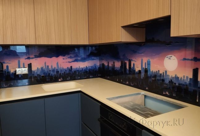 Стеклянная фото панель: рисованный ночной город, заказ #ИНУТ-17199, Синяя кухня.