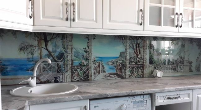Фартук для кухни фото: рисованный пейзаж, заказ #ИНУТ-2207, Белая кухня.