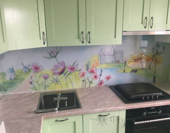 Скинали для кухни фото: рисованный пейзаж, заказ #КРУТ-1273, Зеленая кухня.