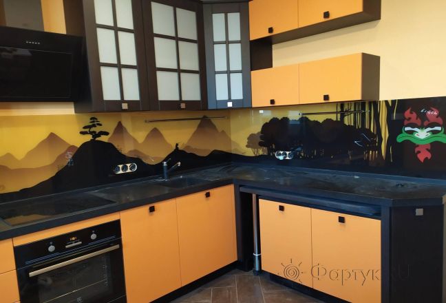 Фартук стекло фото: рисованный пейзаж, заказ #ИНУТ-4977, Оранжевая кухня.