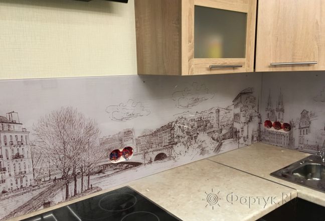 Фартук с фотопечатью фото: рисунок города, заказ #КРУТ-456, Коричневая кухня.