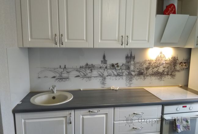 Фартук для кухни фото: рисунок замка на воде, заказ #ИНУТ-1108, Белая кухня.