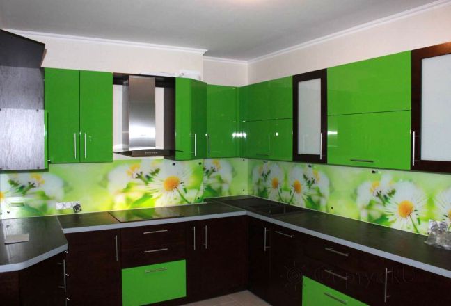 Скинали для кухни фото: ромашки на зеленом фоне, заказ #УТ-27, Зеленая кухня. Изображение 112608