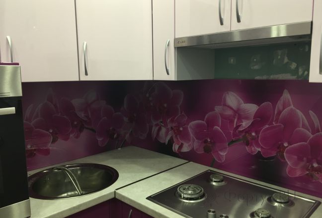 Фартук фото: розовые орхидеи, заказ #КРУТ-487, Фиолетовая кухня. Изображение 186518