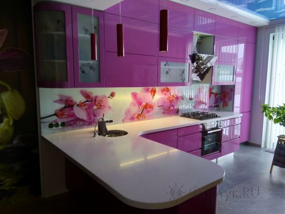 Фартук фото: розовые орхидеи в брызгах воды, заказ #ИНУТ-823, Фиолетовая кухня.