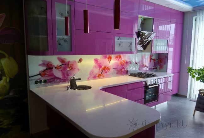 Фартук фото: розовые орхидеи в брызгах воды, заказ #ИНУТ-823, Фиолетовая кухня. Изображение 186496