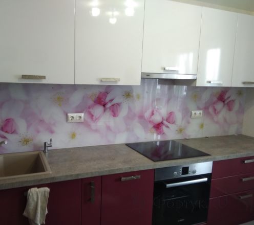 Фартук фото: розовые цветы, заказ #ИНУТ-1315, Фиолетовая кухня.