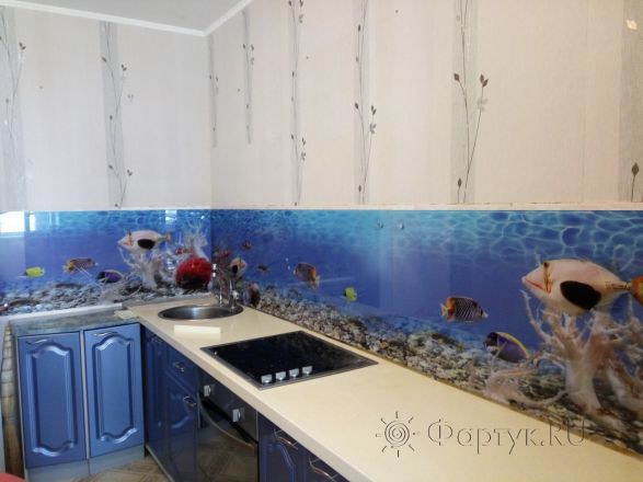 Стеклянная фото панель: рыбы, заказ #ГМУТ-424, Синяя кухня.