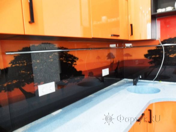 Фартук стекло фото: сафари на закате., заказ #УТ-090, Оранжевая кухня.
