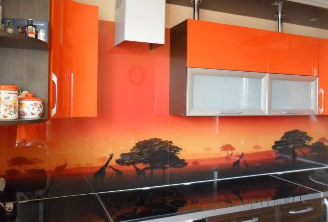 Фартук стекло фото: сафари в красных тонах., заказ #S-693, Оранжевая кухня. Изображение 113364