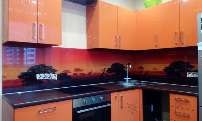 Фартук стекло фото: сафари в красных тонах, заказ #ИНУТ-534, Оранжевая кухня.