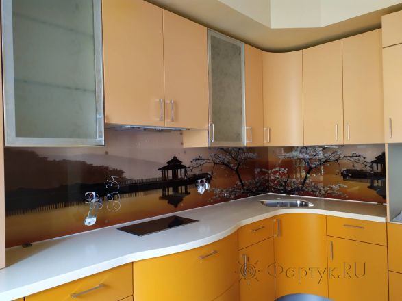 Фартук стекло фото: сакура на фоне воды, заказ #ИНУТ-6934, Оранжевая кухня.