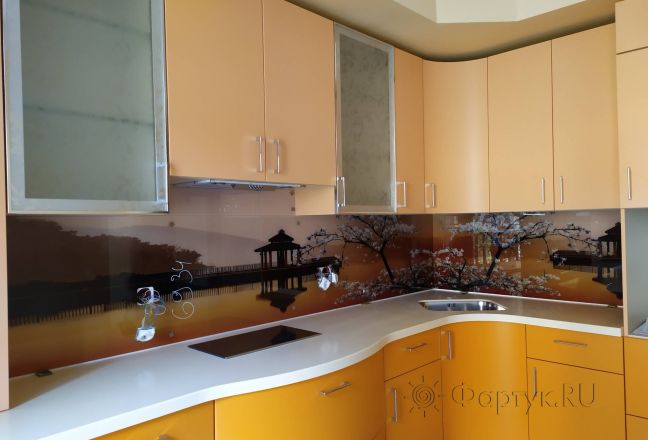 Фартук стекло фото: сакура на фоне воды, заказ #ИНУТ-6934, Оранжевая кухня.