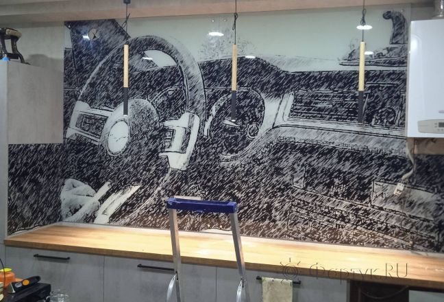 Стеновая панель фото: салон машины рисунок, заказ #ИНУТ-8801, Серая кухня.