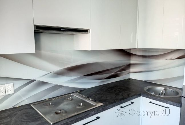 Фартук для кухни фото: серо-коричневая волна, заказ #КРУТ-3811, Белая кухня. Изображение 200776