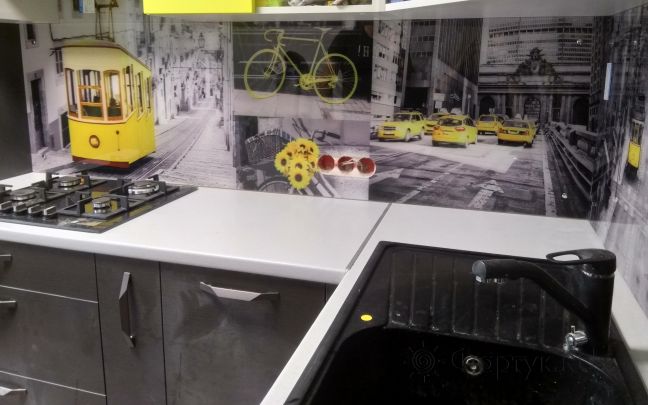 Скинали для кухни фото: серо-желтый город, заказ #ИНУТ-1511, Желтая кухня.