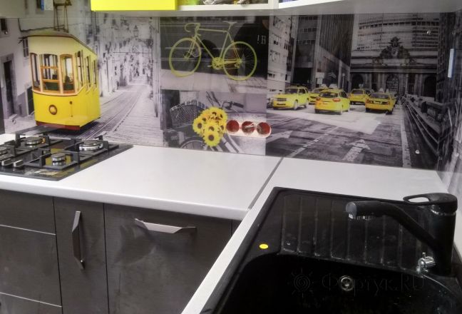 Скинали для кухни фото: серо-желтый город, заказ #ИНУТ-1511, Желтая кухня. Изображение 186396