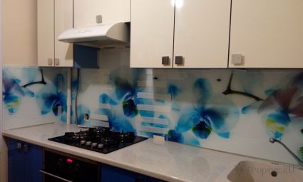 Стеклянная фото панель: синие орхидеи, заказ #УТ-1527, Синяя кухня.