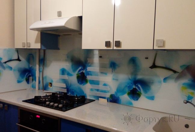 Стеклянная фото панель: синие орхидеи, заказ #УТ-1527, Синяя кухня. Изображение 111366