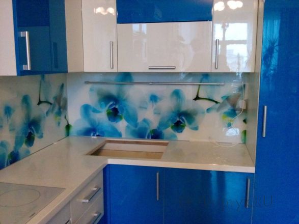 Стеклянная фото панель: синие орхидеи., заказ #S-435, Синяя кухня.