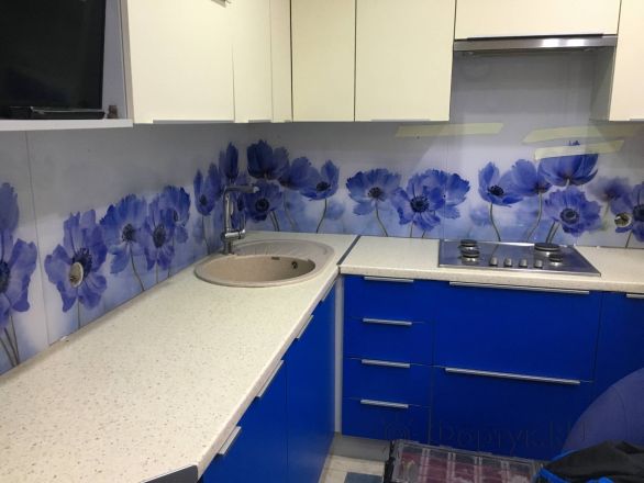 Стеклянная фото панель: синие цветы, заказ #КРУТ-2469, Синяя кухня.