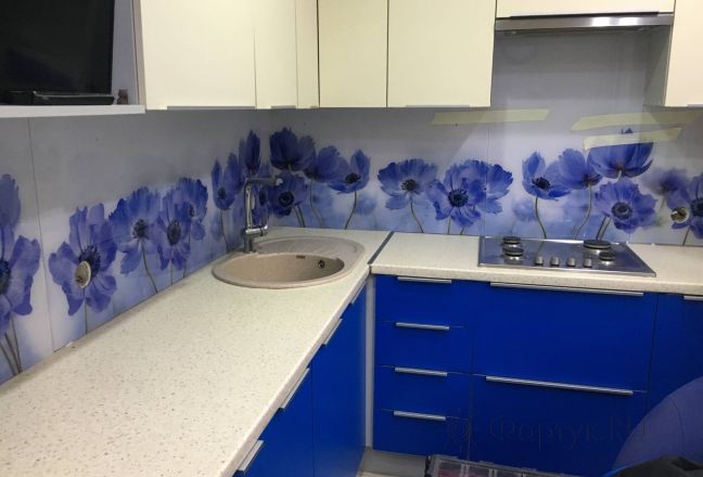 Стеклянная фото панель: синие цветы, заказ #КРУТ-2469, Синяя кухня. Изображение 112792