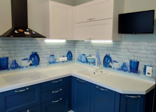 Стеклянная фото панель: синие вазы, заказ #ИНУТ-3000, Синяя кухня.