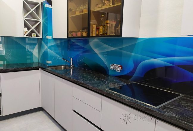 Фартук для кухни фото: синие волны и линии, заказ #ИНУТ-8352, Белая кухня. Изображение 212316