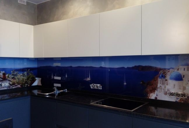 Стеклянная фото панель: синий и белый храм  ия на острове санторини, греция, заказ #ГМУТ-060, Синяя кухня. Изображение 147090