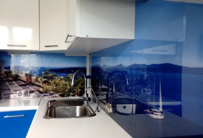 Стеклянная фото панель: синий и белый храм  ия на острове санторини, греция, заказ #УТ-618, Синяя кухня. Изображение 147090
