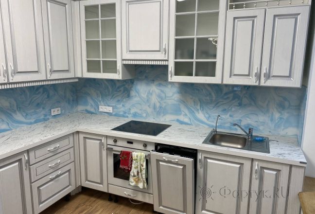 Фартук для кухни фото: синий мрамор, заказ #КРУТ-3761, Белая кухня.