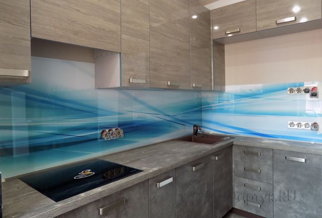 Стеновая панель фото: синяя абстрактная волна, заказ #УТ-513, Серая кухня. Изображение 180828