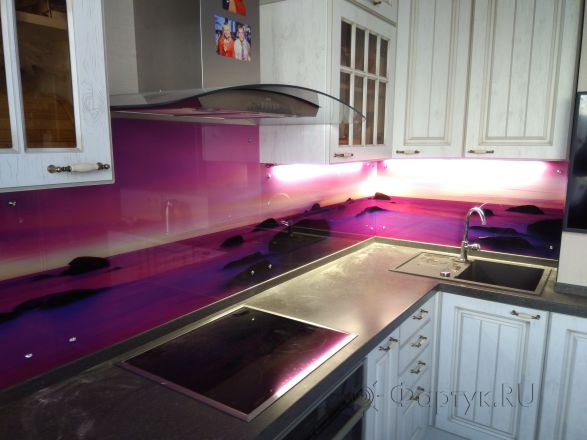 Фартук для кухни фото: скалы в розовой дымке заката, заказ #ИНУТ-305, Белая кухня.