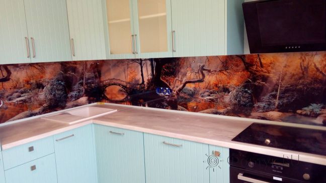 Стеклянная фото панель: сказочный лес, заказ #ИНУТ-3353, Синяя кухня.