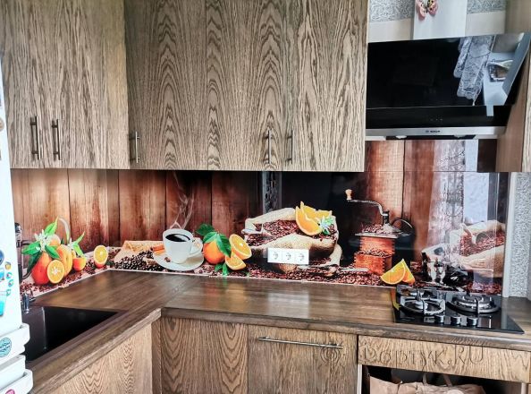 Фартук с фотопечатью фото: сочные апельсины и кофейные зерна, заказ #ИНУТ-9779, Коричневая кухня.