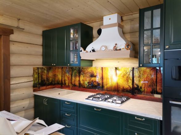 Стеклянная фото панель: солнечный лес, заказ #ИНУТ-10218, Синяя кухня.