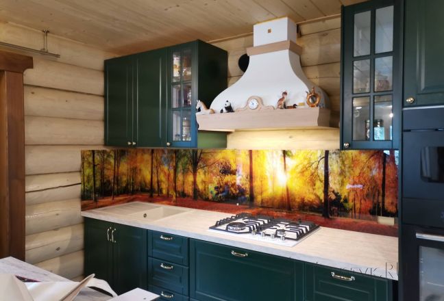 Стеклянная фото панель: солнечный лес, заказ #ИНУТ-10218, Синяя кухня.