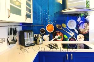 Стеклянная фото панель: специи, заказ #ГМУТ-420, Синяя кухня.