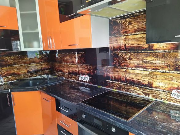 Фартук стекло фото: текстура дерева, заказ #ИНУТ-7119, Оранжевая кухня.